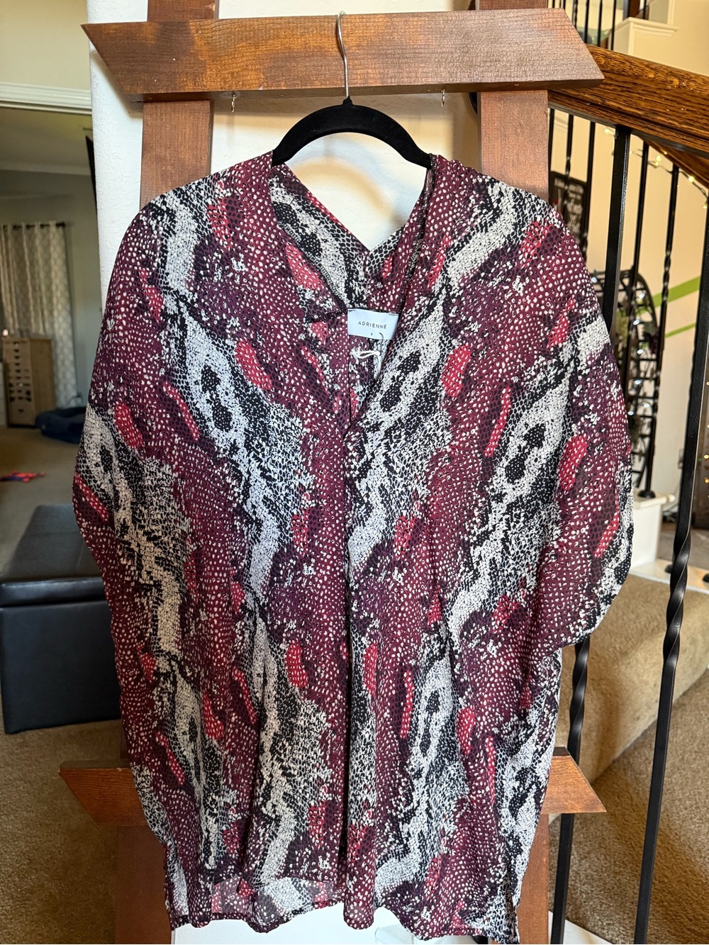 Adrienne Sheer Abstract Snake-Print Blouse in Burgundy, Black & Cream